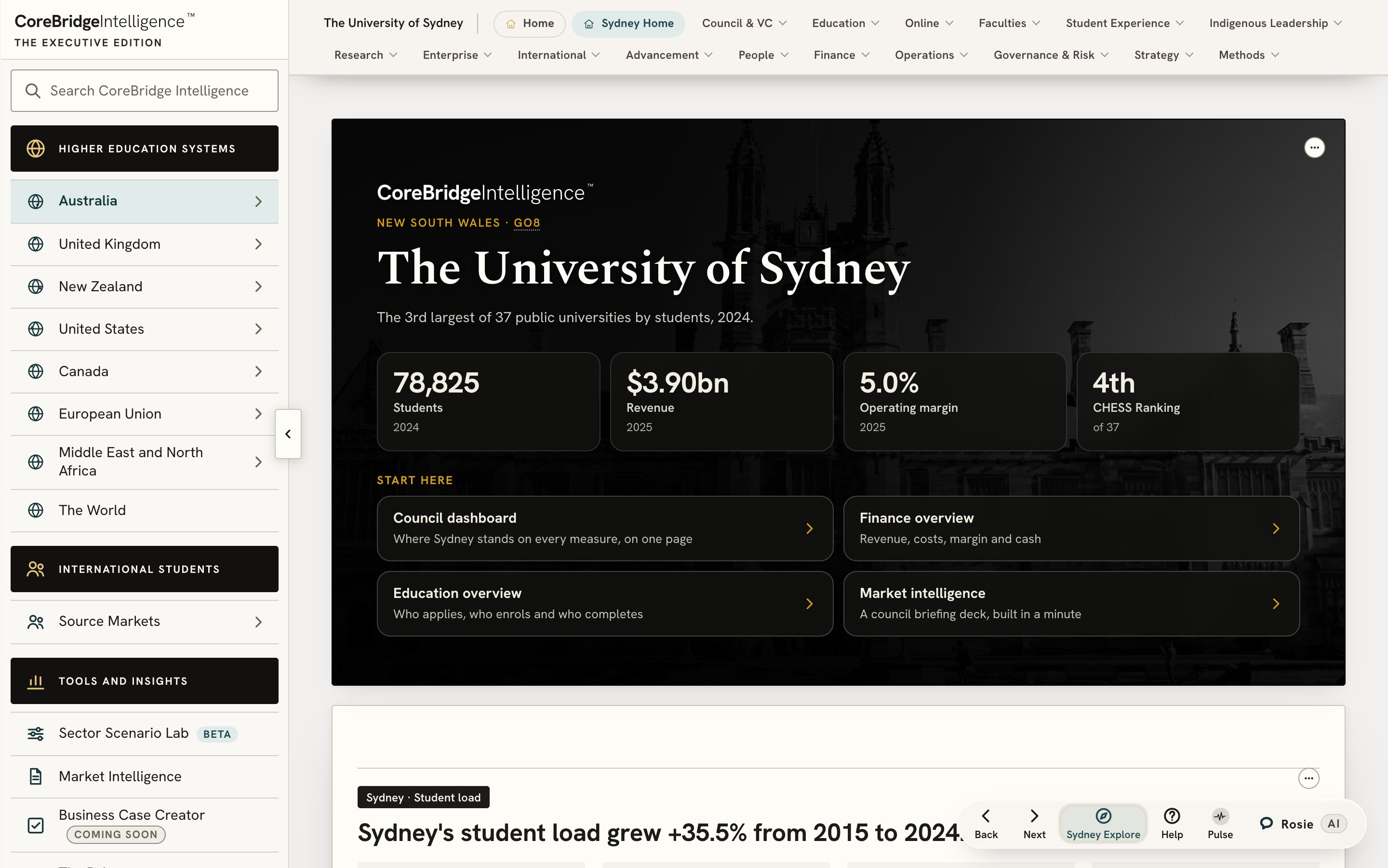 A university front page in the Executive Edition, on a laptop