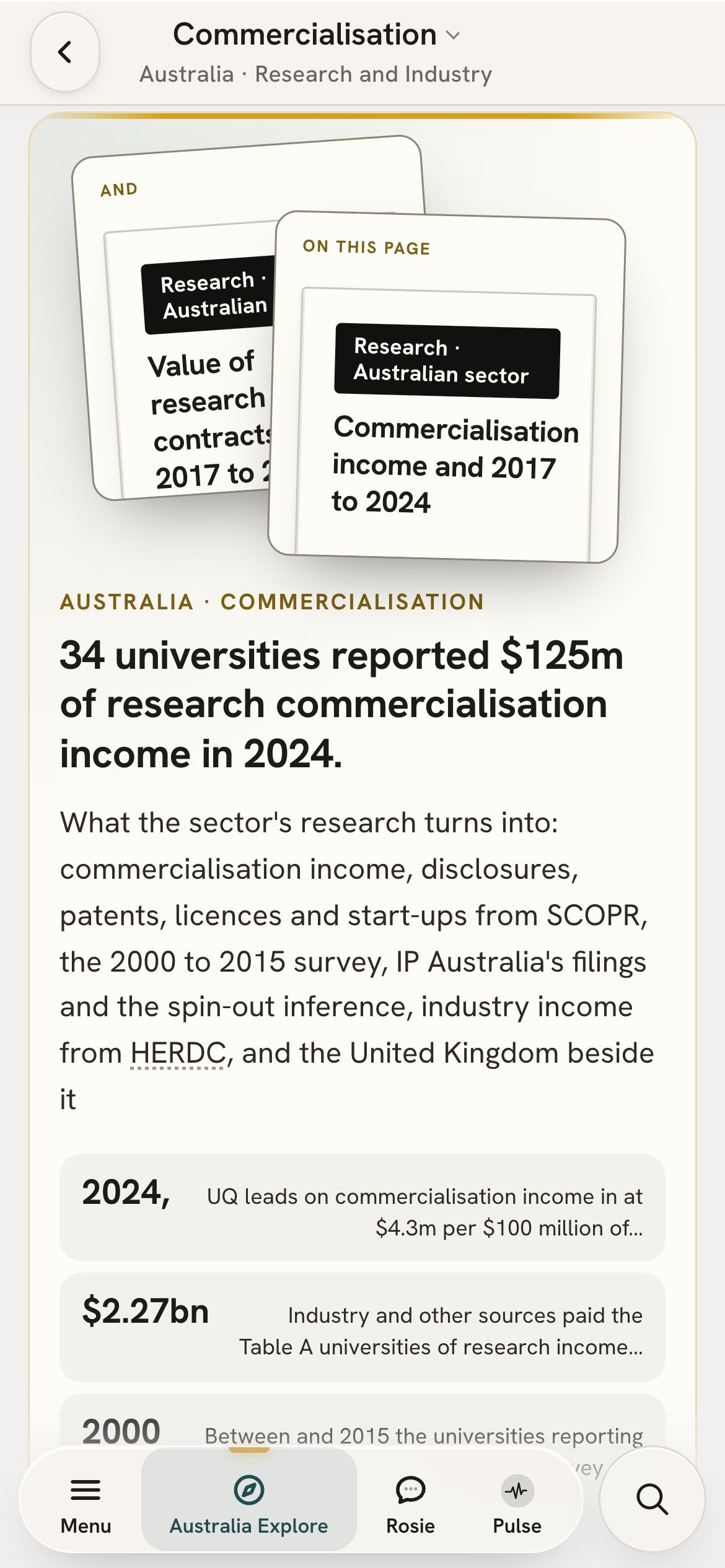 The commercialisation page on a phone