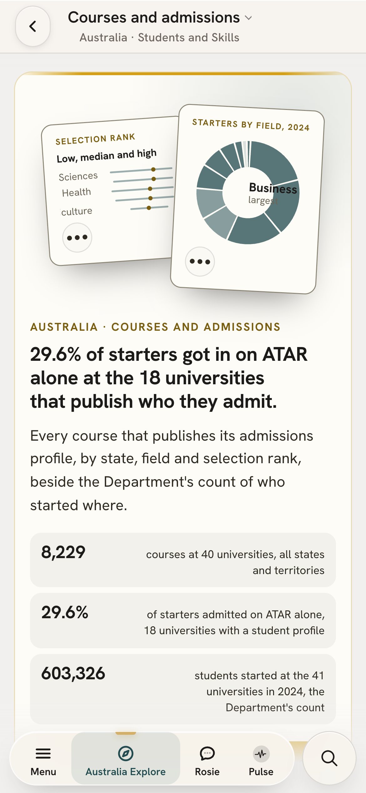 The courses and admissions page on a phone