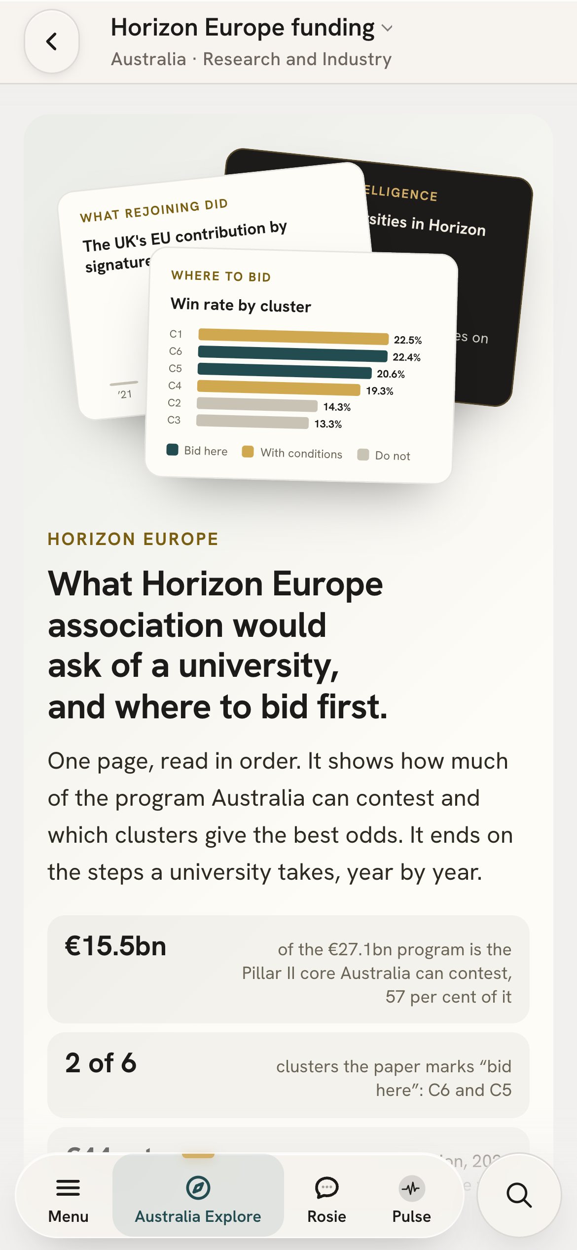 The Horizon Europe page on a phone