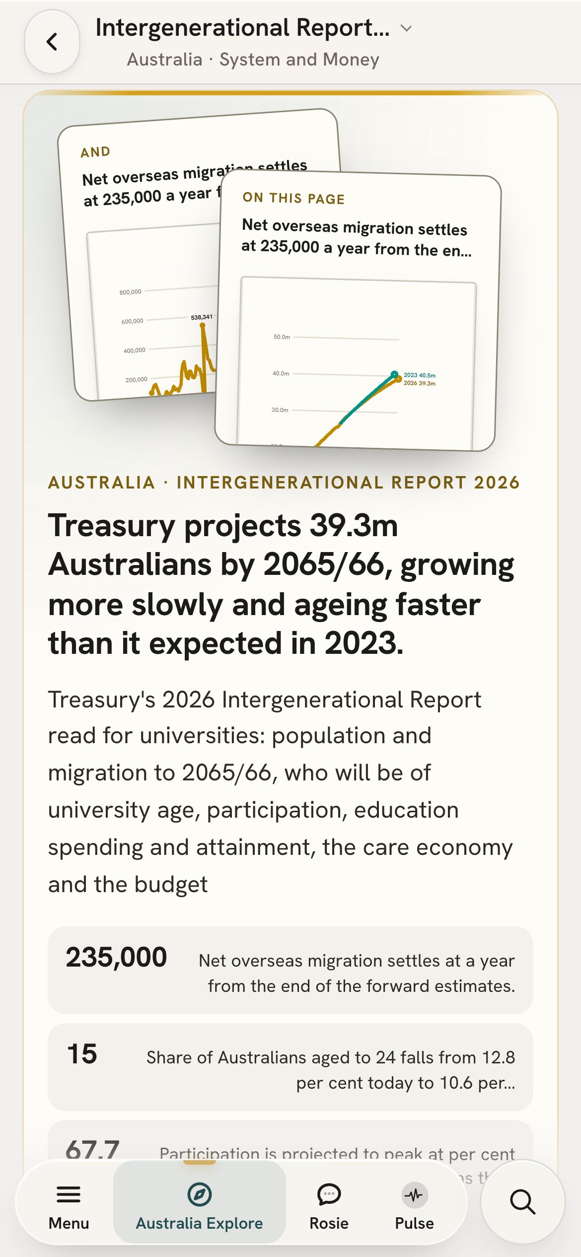 The Intergenerational Report page on a phone