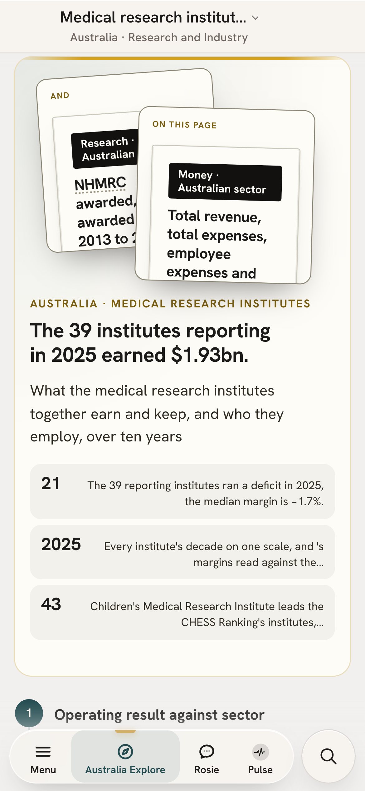 The medical research institutes page on a phone