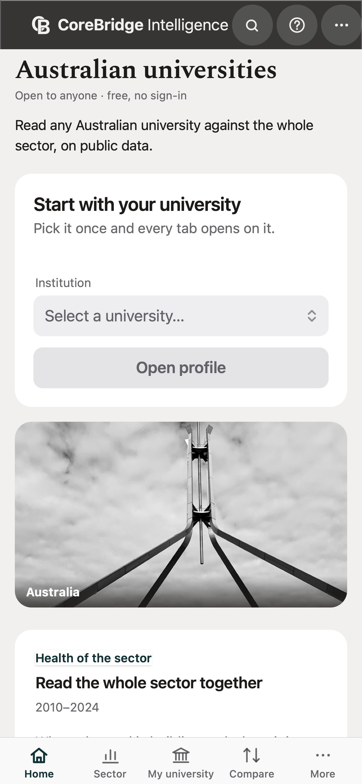 The free Australian dashboard on a phone