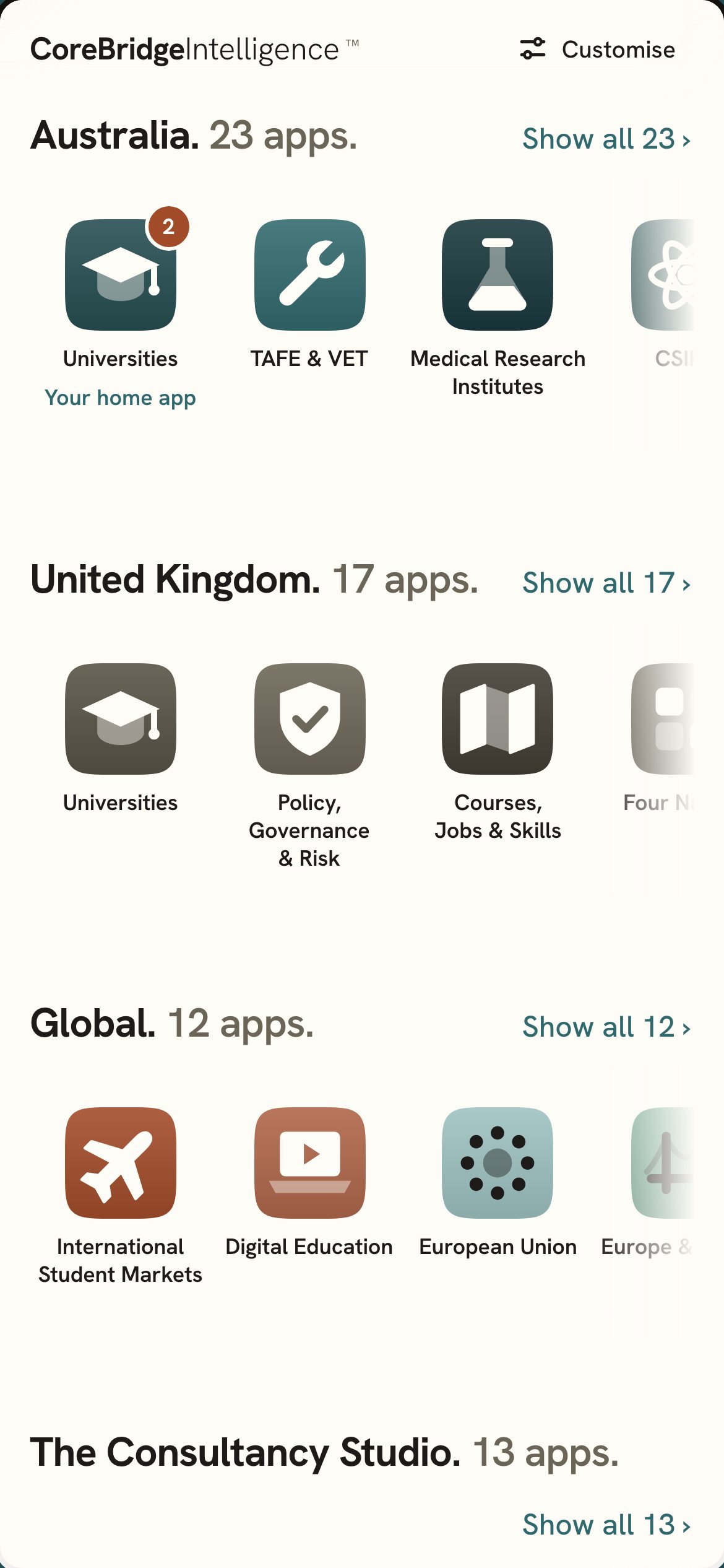 The suite of apps on a phone