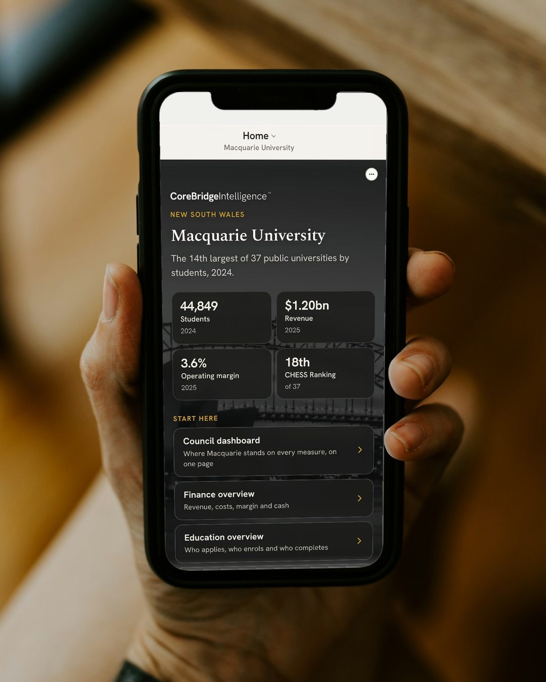 A hand holds a phone showing Macquarie University's front page in the Executive Edition
